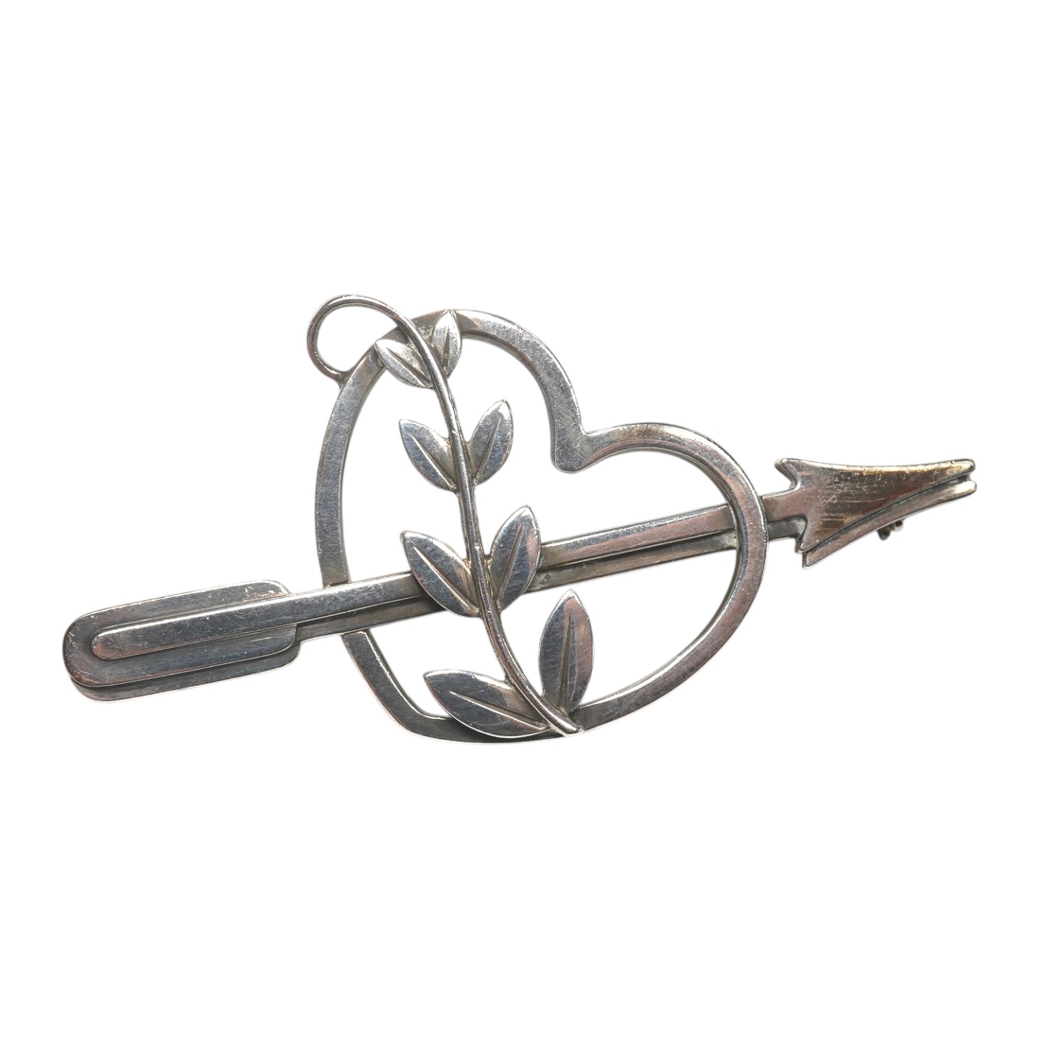 A Georg Jensen sterling heart, arrow and frond brooch, design no. 242H, 52mm. Condition - fair to good